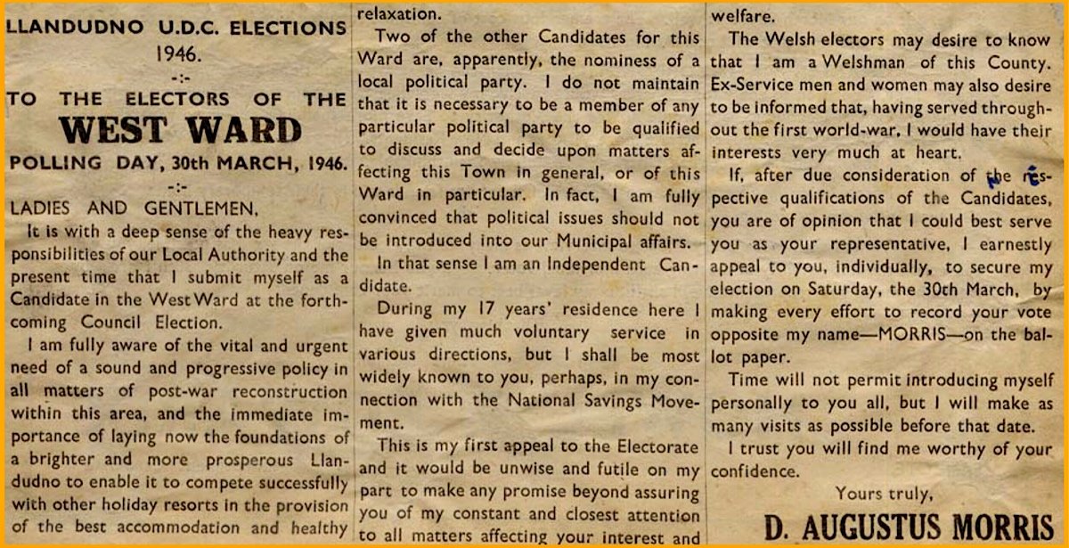 Appeal for election as a local independent candidate, Llandudno, 1946