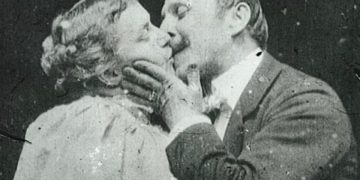 Still from a film of May Irwin and John Rice kissing, 1896