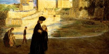Gwen John painting: Landscape at Tenby with Figures. Image in public domain.
