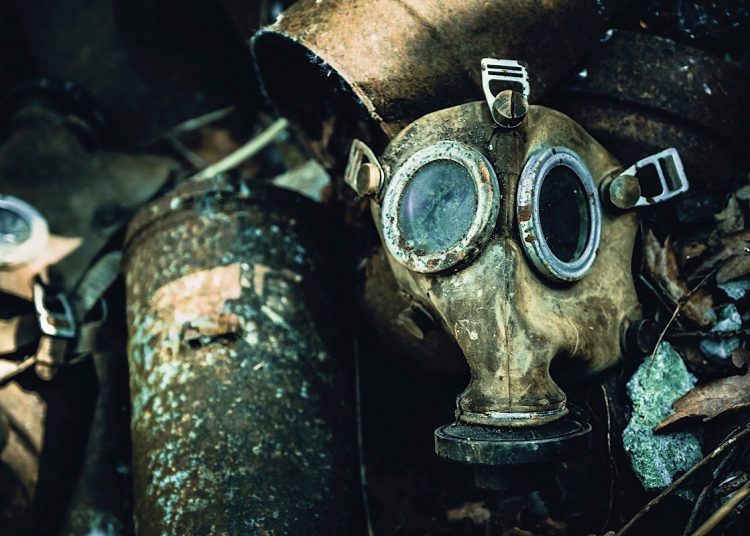 Detritus of war: gas masks and shell casings, not poppy
