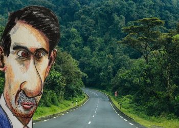 Illustration of Rishi Sunak placed over a photo of a road through forest in Rwanda