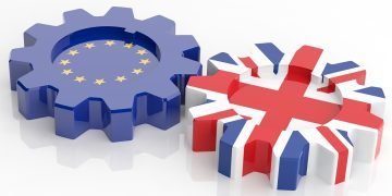 EU and UK relations, Brexit. EU and UK flags gears isolated on white background. 3d illustration.